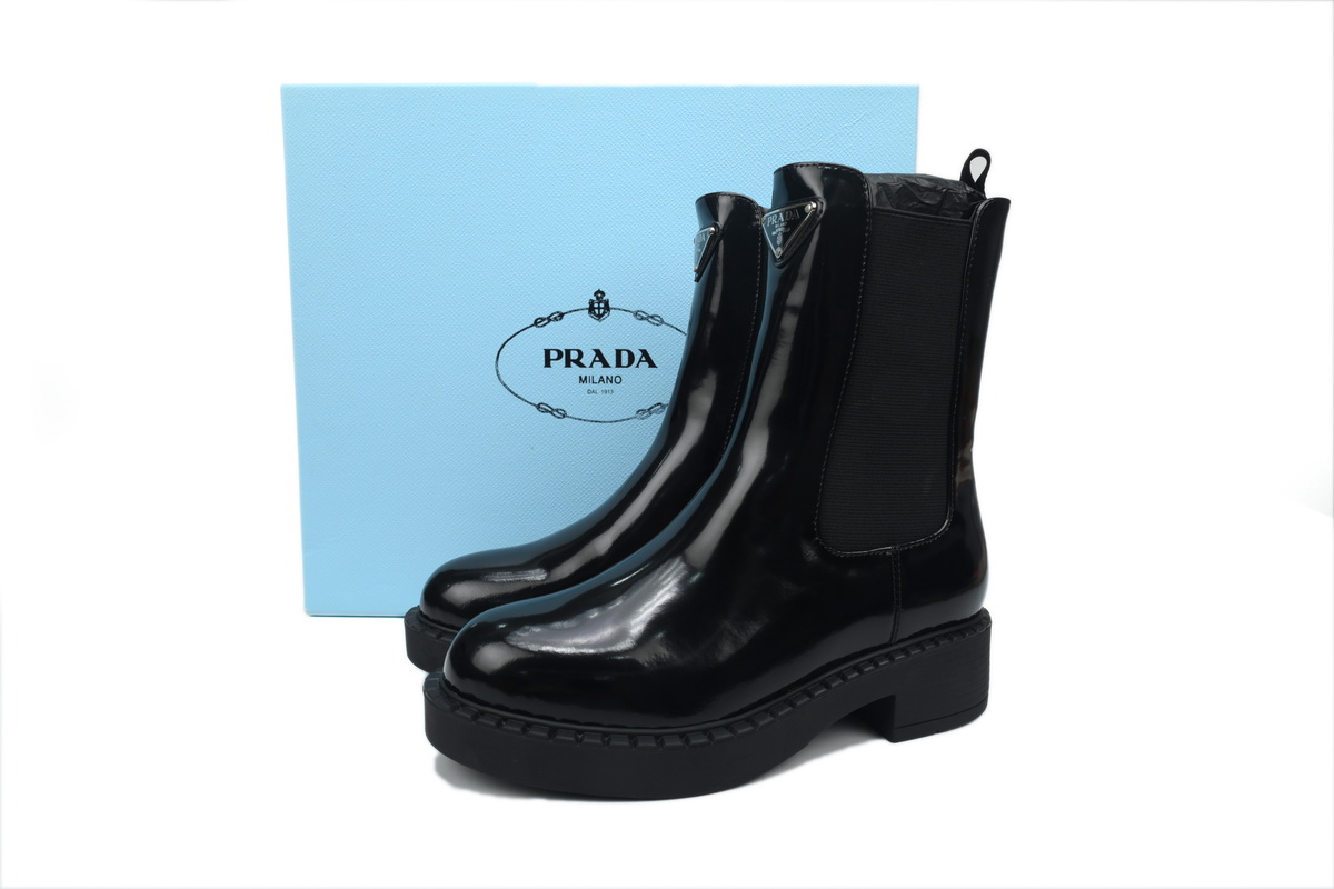 Prada Monolith patent leather booties black