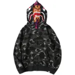  BAPE Shark Head Tiger Head Zipper Camo Double Hoodie Dark Gray