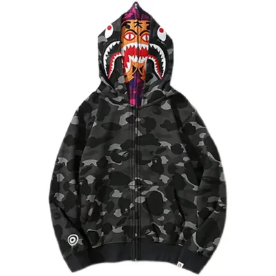  BAPE Shark Head Tiger Head Zipper Camo Double Hoodie Dark Gray 01