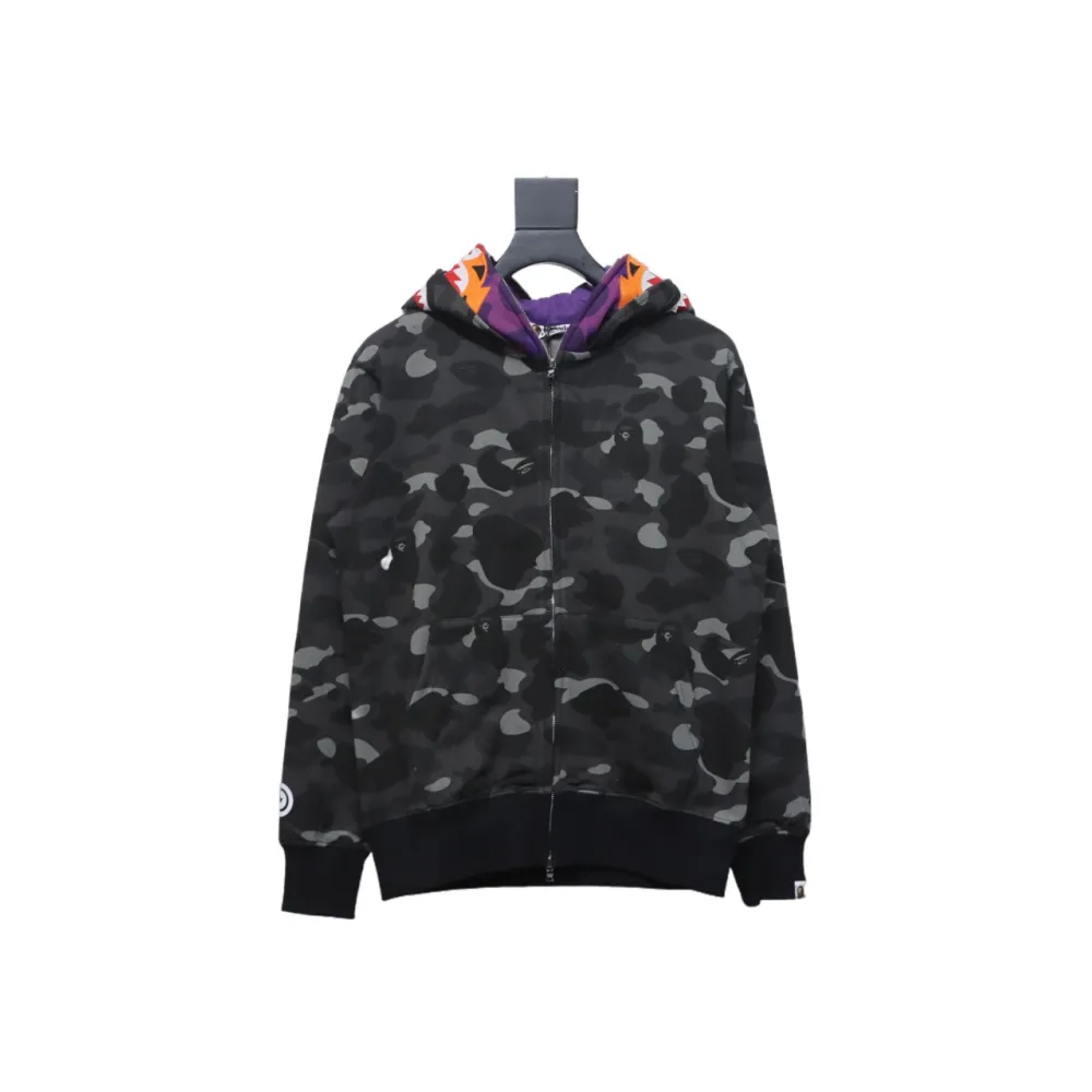  BAPE Shark Head Tiger Head Zipper Camo Double Hoodie Dark Gray