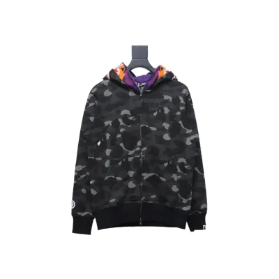  BAPE Shark Head Tiger Head Zipper Camo Double Hoodie Dark Gray 02