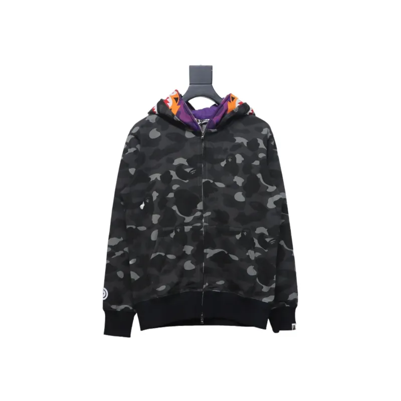  BAPE Shark Head Tiger Head Zipper Camo Double Hoodie Dark Gray