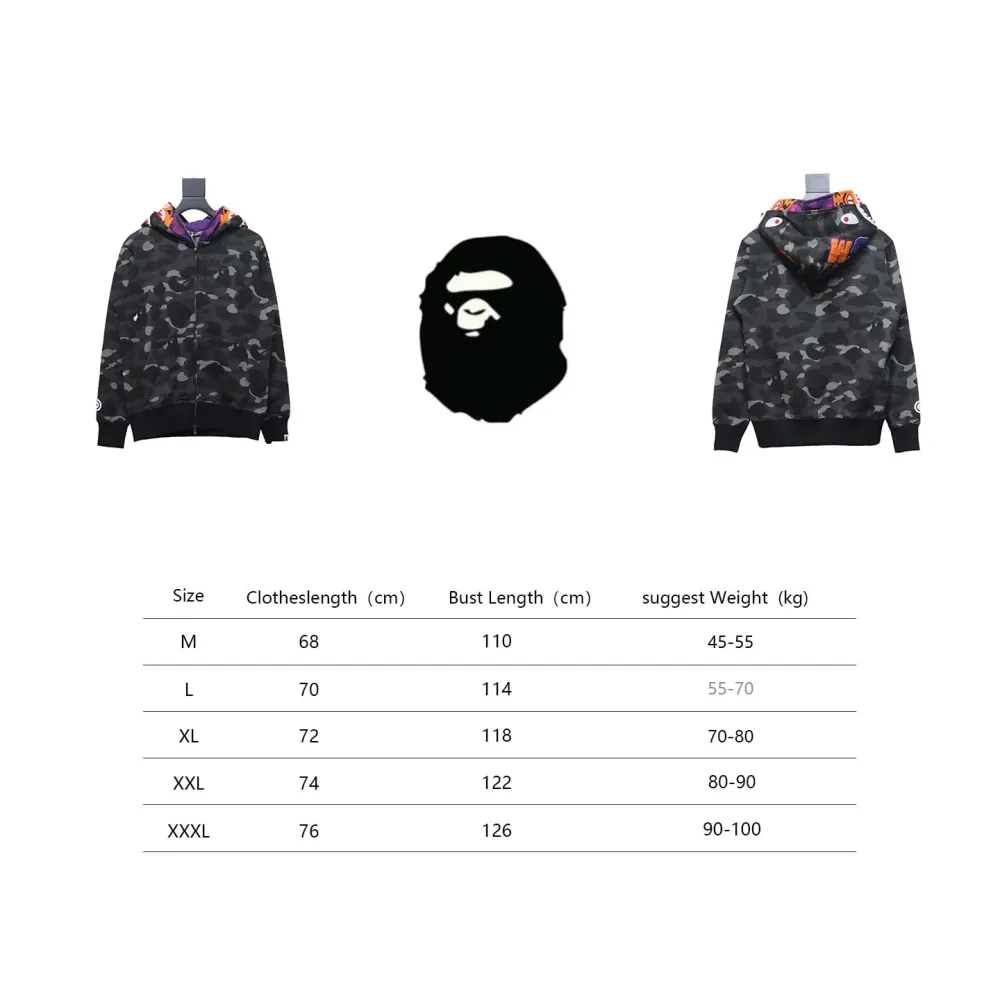  BAPE Shark Head Tiger Head Zipper Camo Double Hoodie Dark Gray