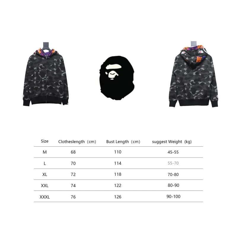  BAPE Shark Head Tiger Head Zipper Camo Double Hoodie Dark Gray