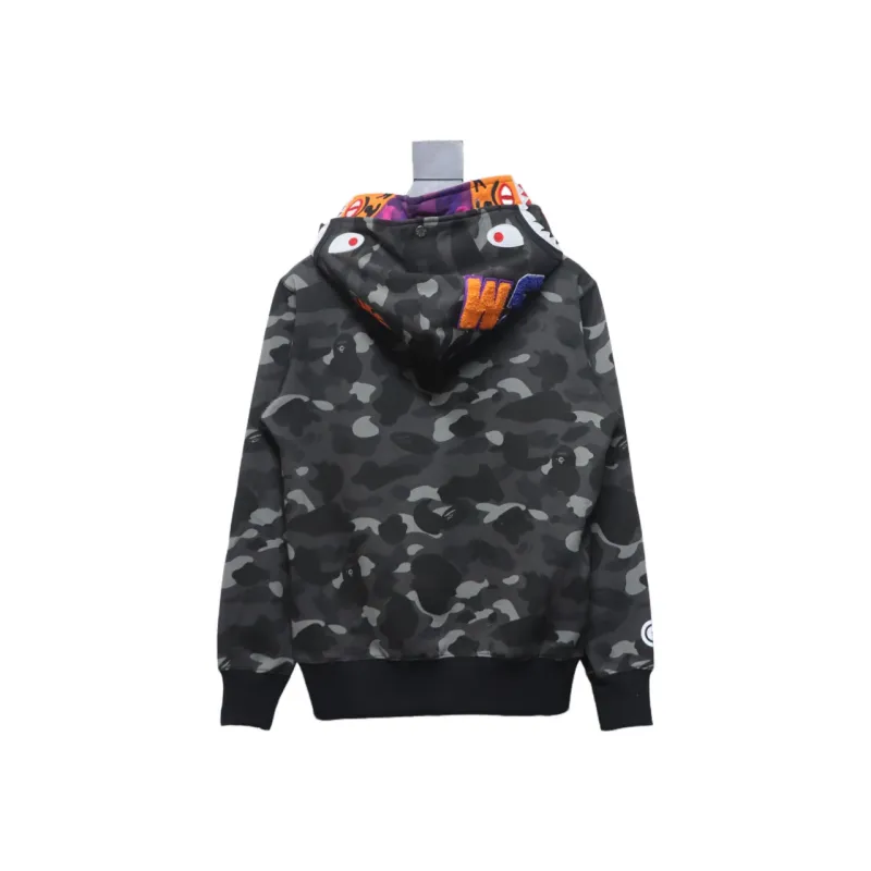  BAPE Shark Head Tiger Head Zipper Camo Double Hoodie Dark Gray