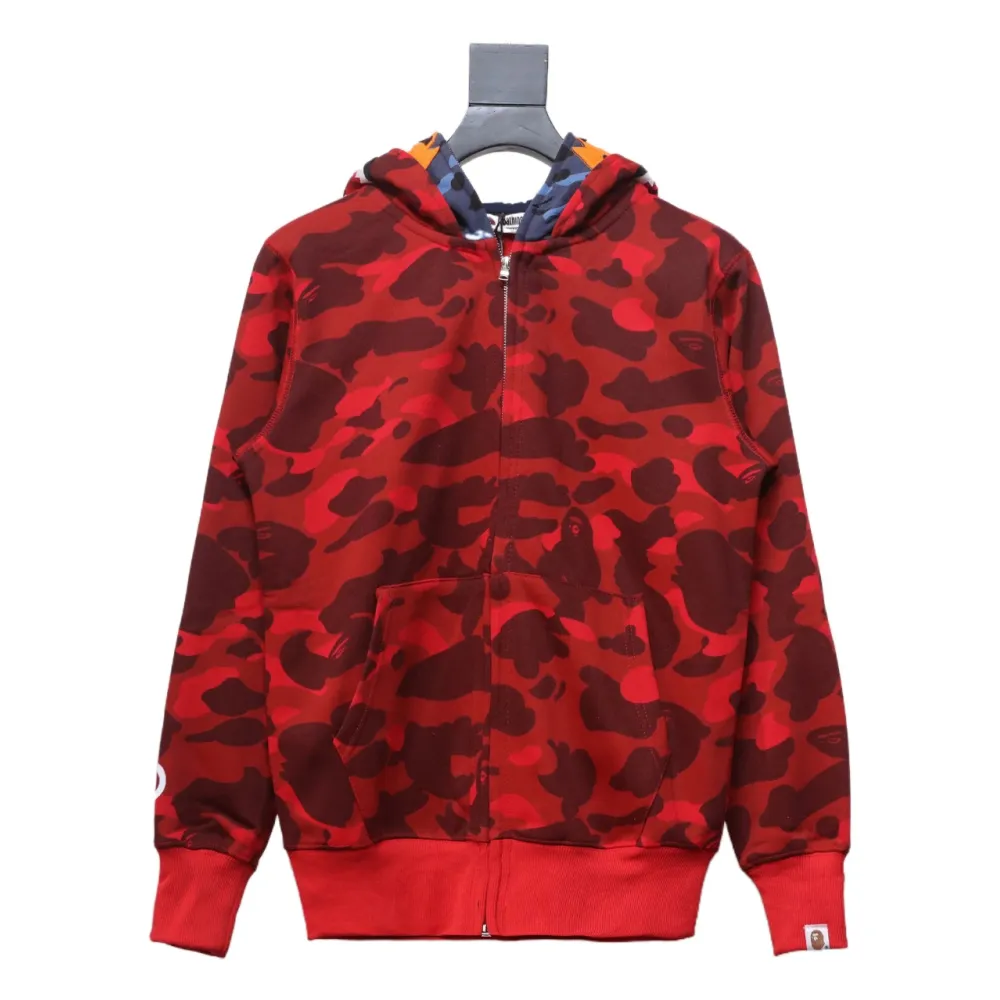  BAPE Shark's Head Tiger's Head Zipper Camo Double Hoodie Red