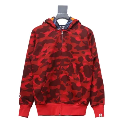  BAPE Shark's Head Tiger's Head Zipper Camo Double Hoodie Red 01