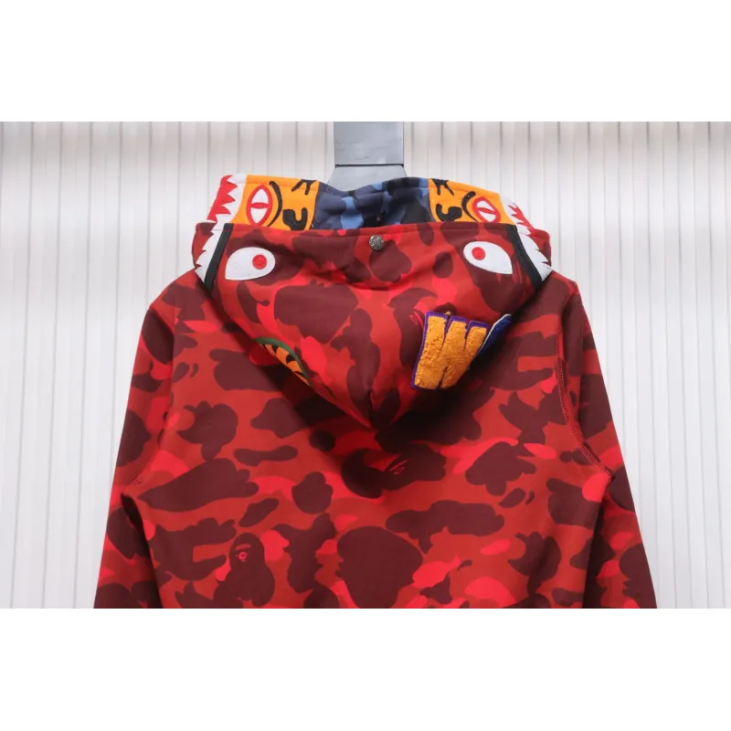  BAPE Shark's Head Tiger's Head Zipper Camo Double Hoodie Red