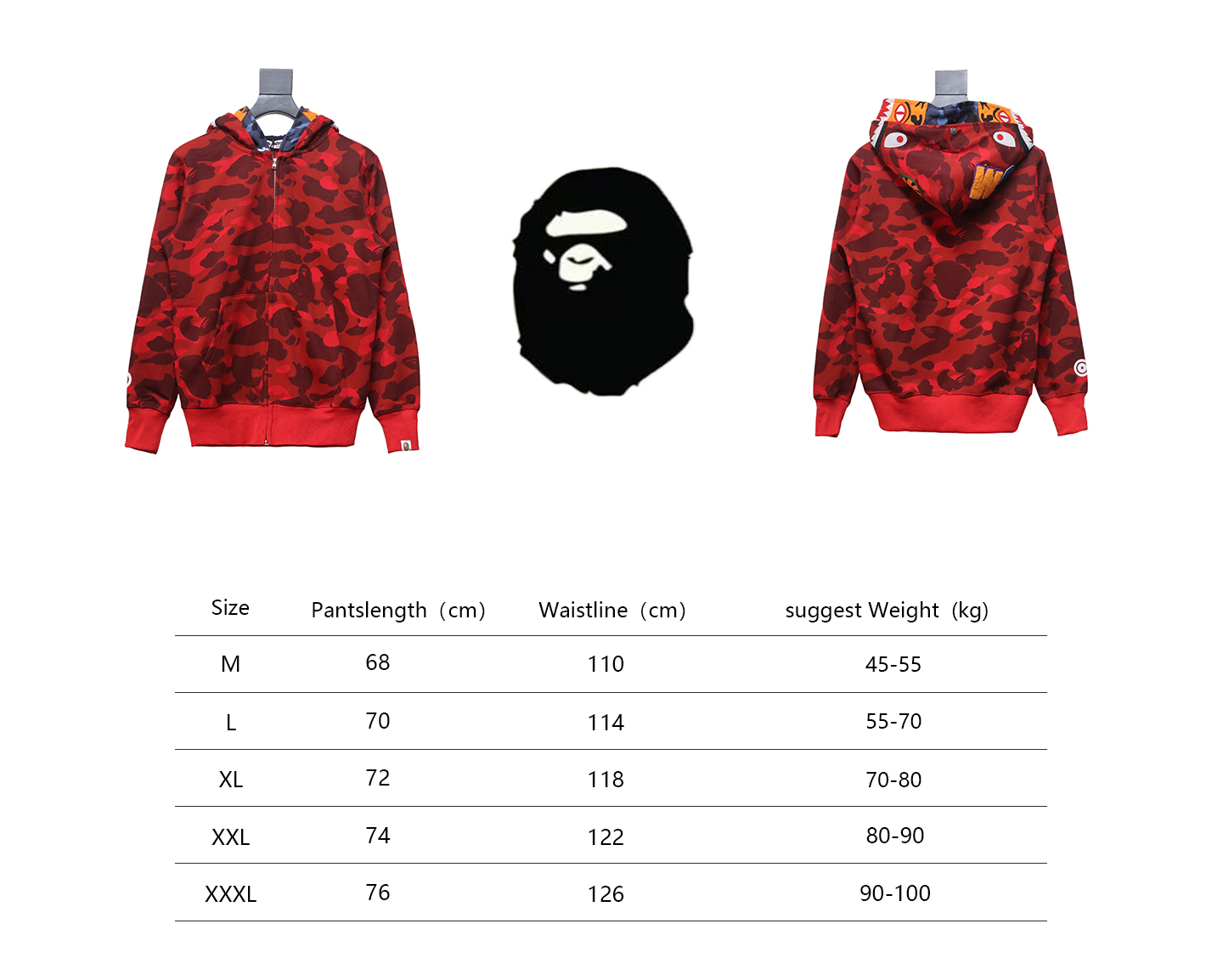 BAPE Shark's Head Tiger's Head Zipper Camo Double Hoodie Red