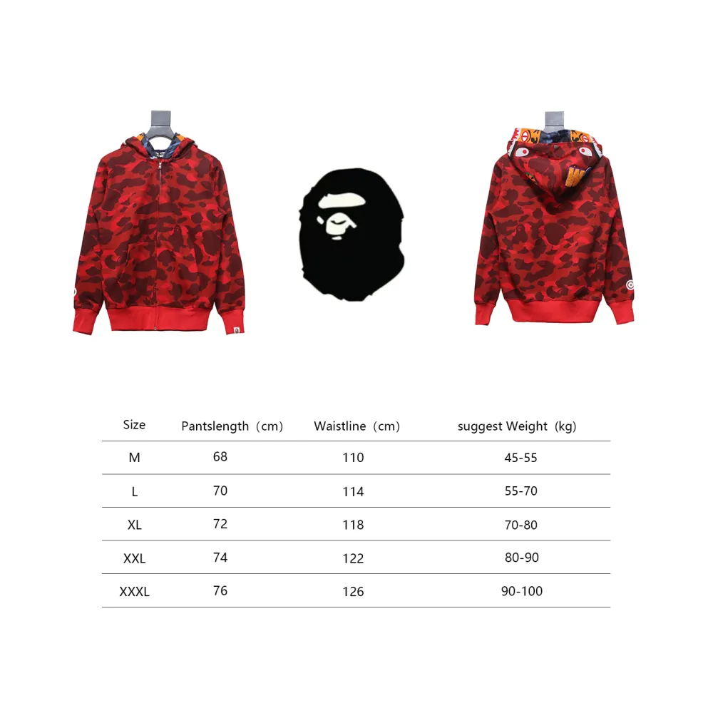  BAPE Shark's Head Tiger's Head Zipper Camo Double Hoodie Red
