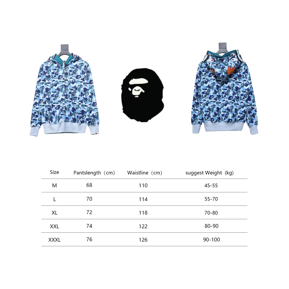 BAPE Shark's Head Tiger's Head Zipper Camo Double Hoodie Blue