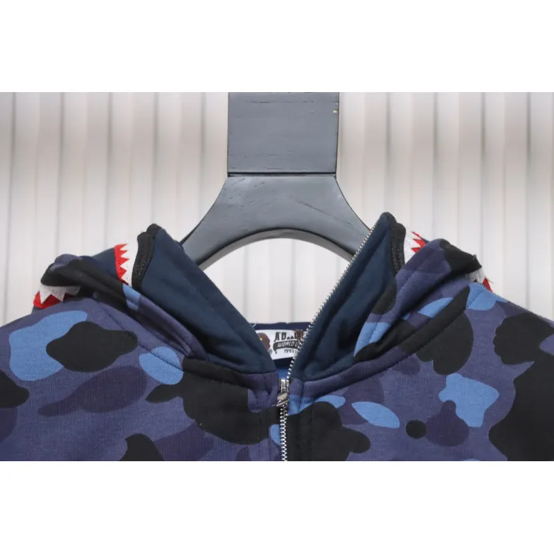 BAPE Shark's Head Tiger's Head Zipper Camo Double Hoodie Dark Blue