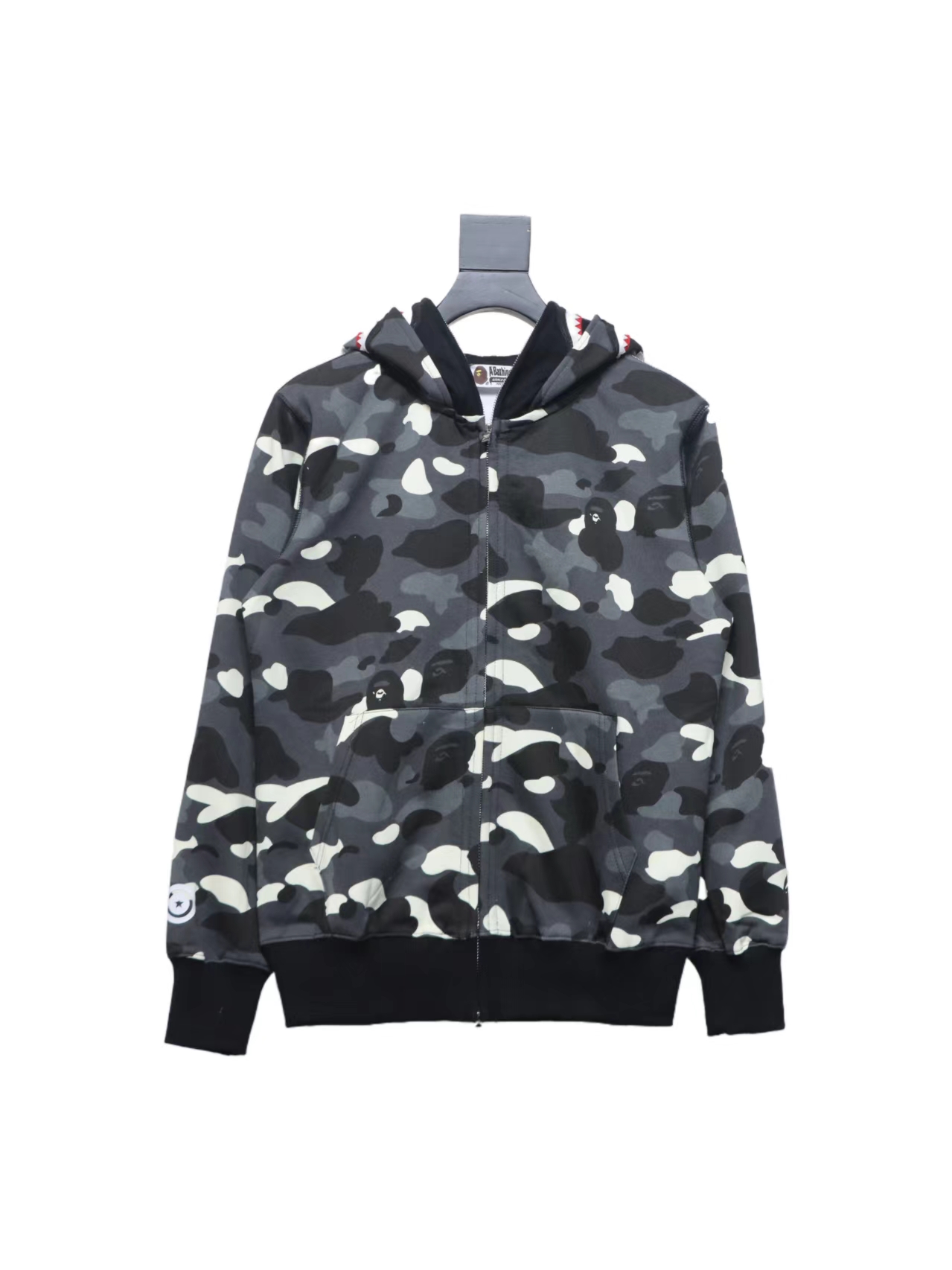 BAPE Shark's Head Tiger's Head Zipper Luminous Camo Double Hoodie Gray Black