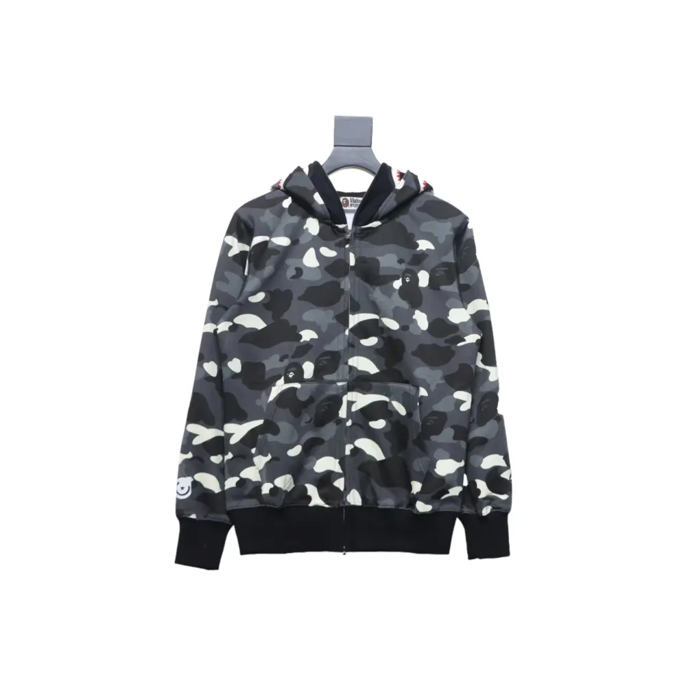 BAPE Shark's Head Tiger's Head Zipper Luminous Camo Double Hoodie Gray Black