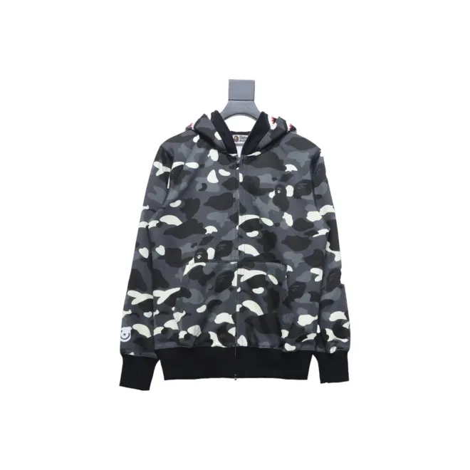 BAPE Shark's Head Tiger's Head Zipper Luminous Camo Double Hoodie Gray Black