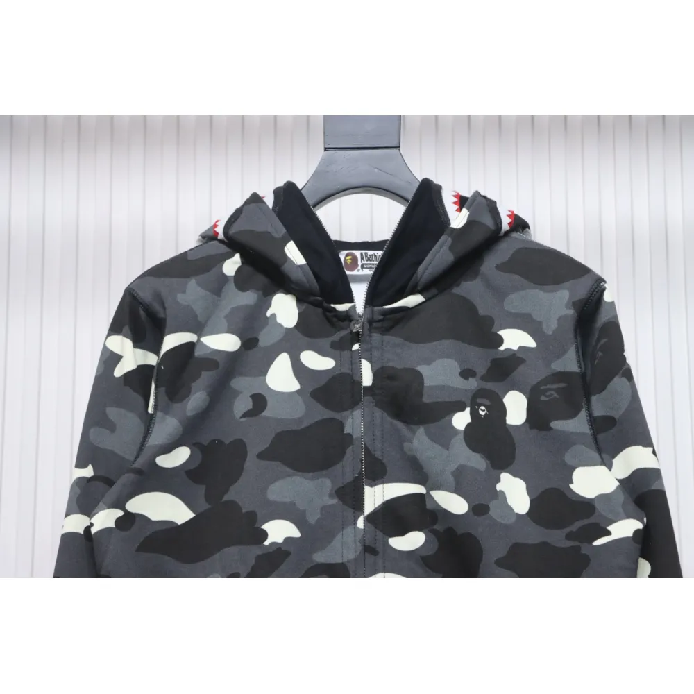BAPE Shark's Head Tiger's Head Zipper Luminous Camo Double Hoodie Gray Black