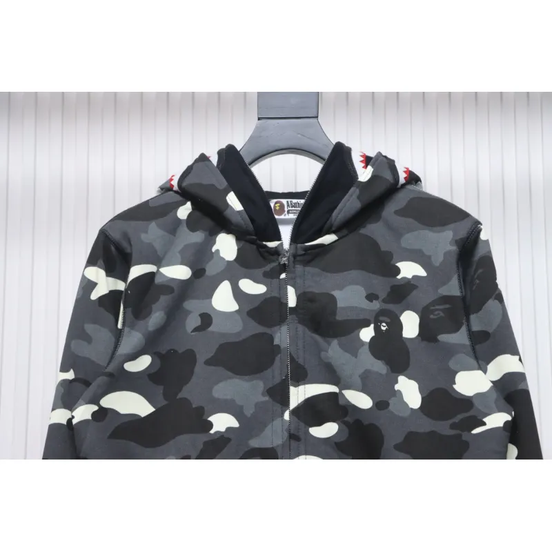 BAPE Shark's Head Tiger's Head Zipper Luminous Camo Double Hoodie Gray Black