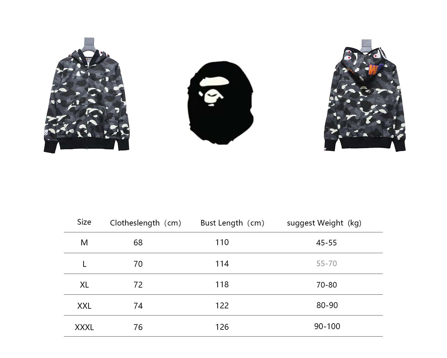 BAPE Shark's Head Tiger's Head Zipper Luminous Camo Double Hoodie Gray Black