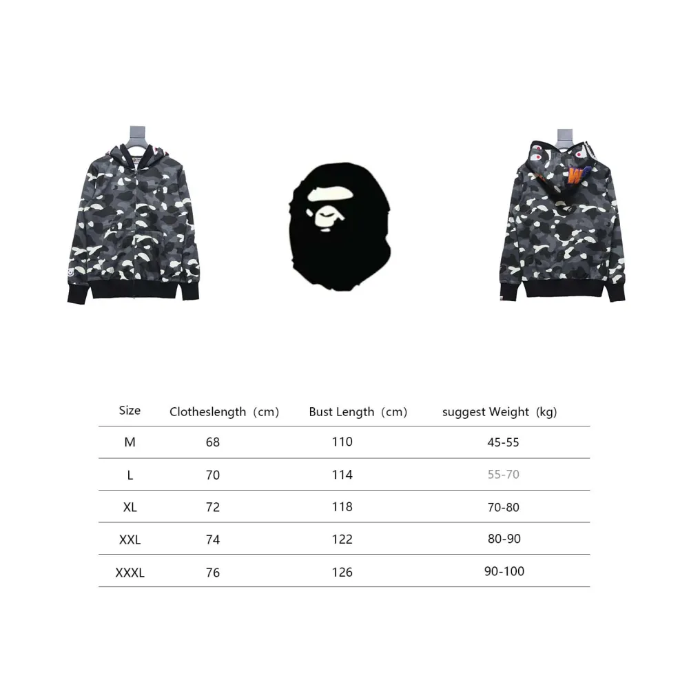 BAPE Shark's Head Tiger's Head Zipper Luminous Camo Double Hoodie Gray Black