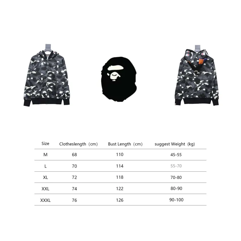 BAPE Shark's Head Tiger's Head Zipper Luminous Camo Double Hoodie Gray Black