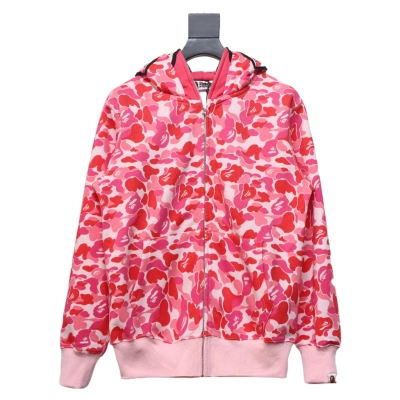 BAPE Shark's Head Tiger Zipper Camo Double Hoodie Pink 01