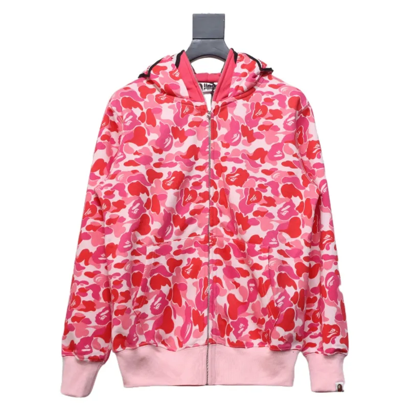 BAPE Shark's Head Tiger Zipper Camo Double Hoodie Pink