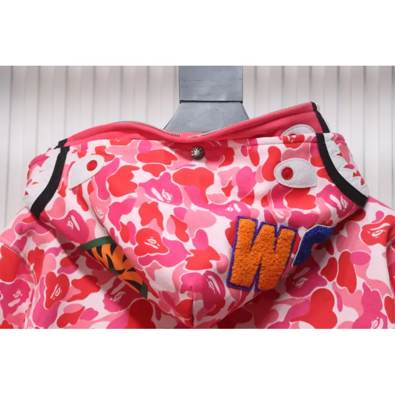 BAPE Shark's Head Tiger Zipper Camo Double Hoodie Pink