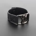 LV engraved metal leather bracelet
