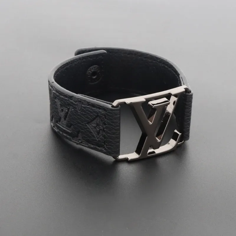 LV engraved metal leather bracelet