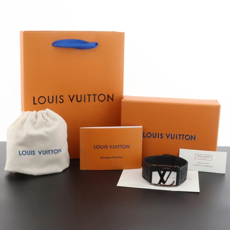 LV engraved metal leather bracelet