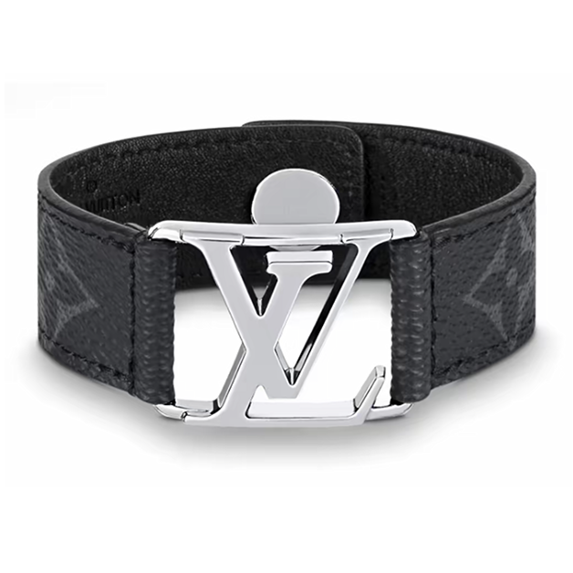 LV engraved metal leather bracelet
