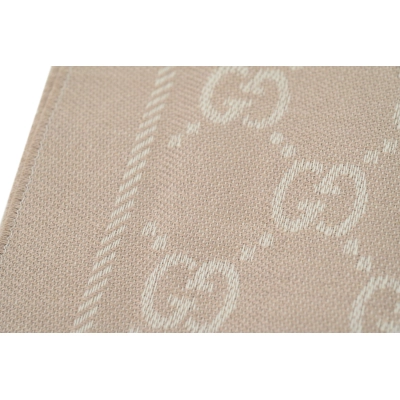 Gucci Double-Faced Jacquard Velvet Fringe All-Over Logo Print Scarf  Khaki 02