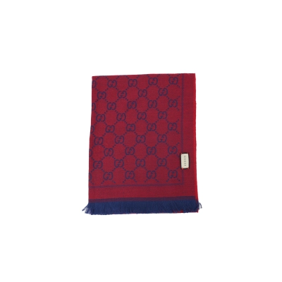 Gucci Double-Faced Jacquard Velvet Fringe All-Over Logo Print Scarf  Red 02