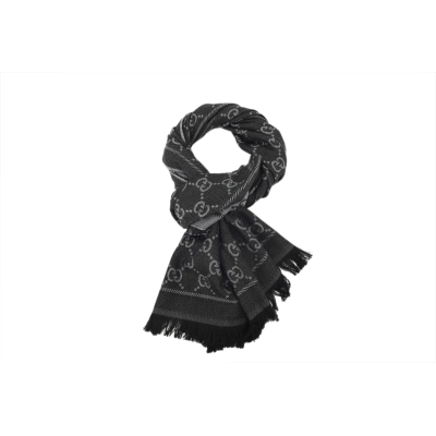 Gucci Double-Faced Jacquard Velvet Fringe All-Over Logo Print Scarf Black 01