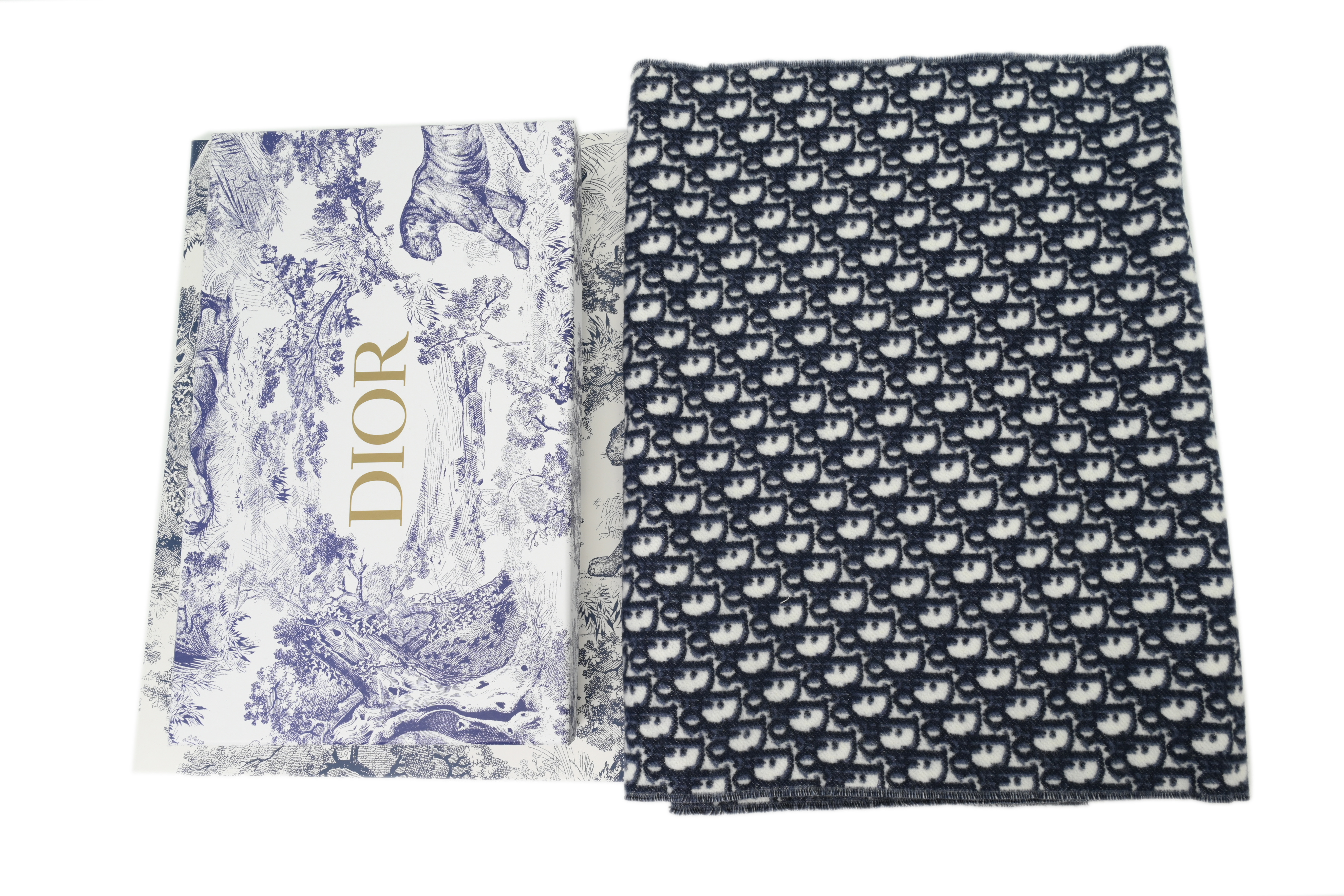 Dior Cashmere Oblique Logo Print Fringed Scarf Blue