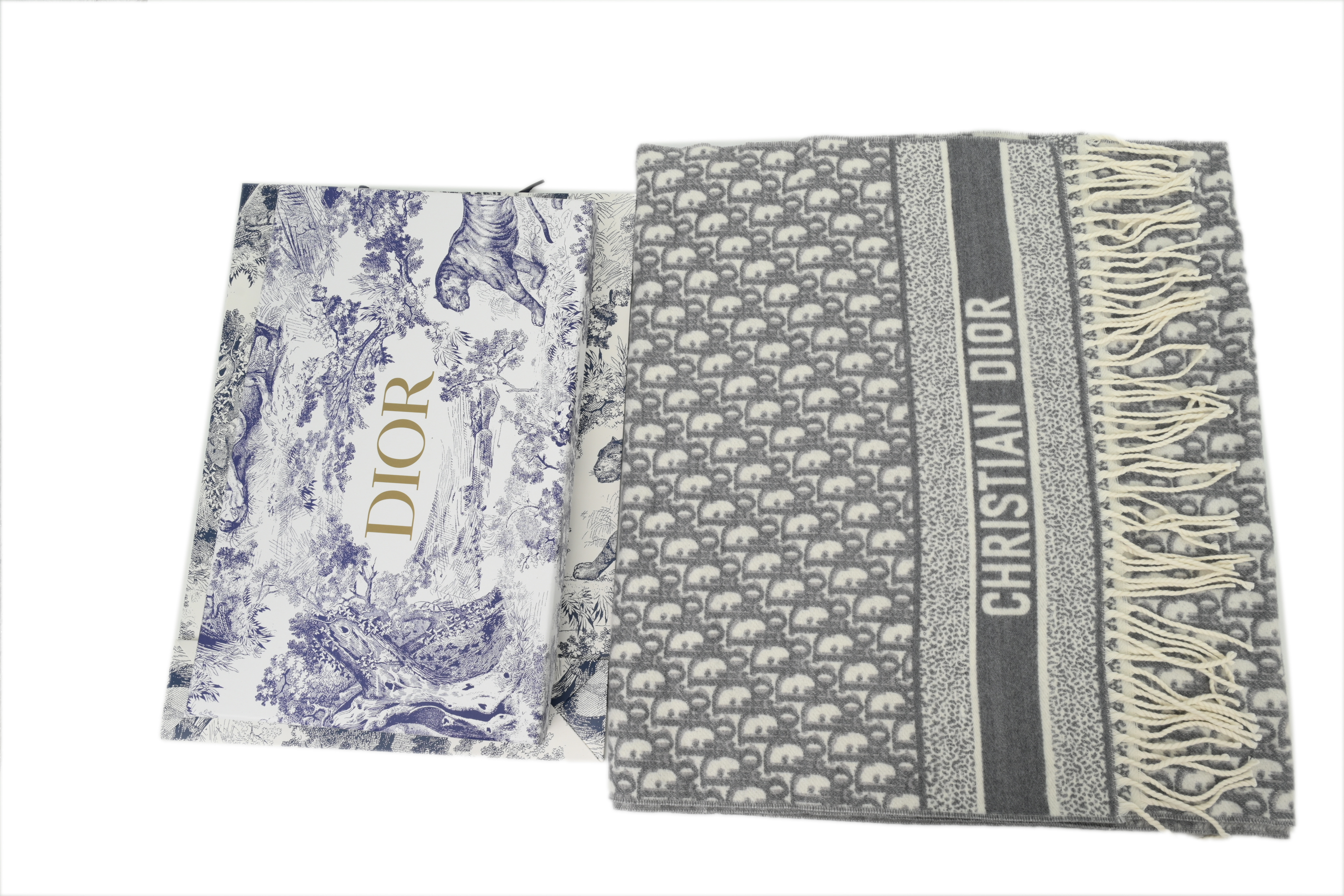 Dior Cashmere Oblique Logo Print Fringed Scarf Gray
