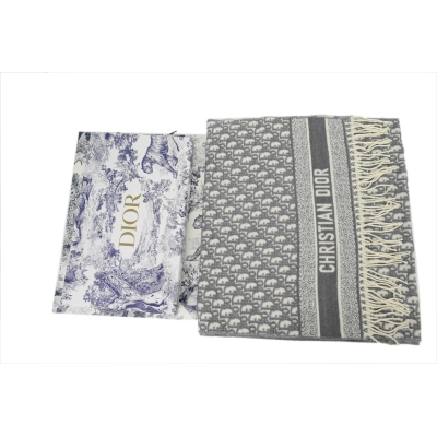 Dior Cashmere Oblique Logo Print Fringed Scarf Gray 02