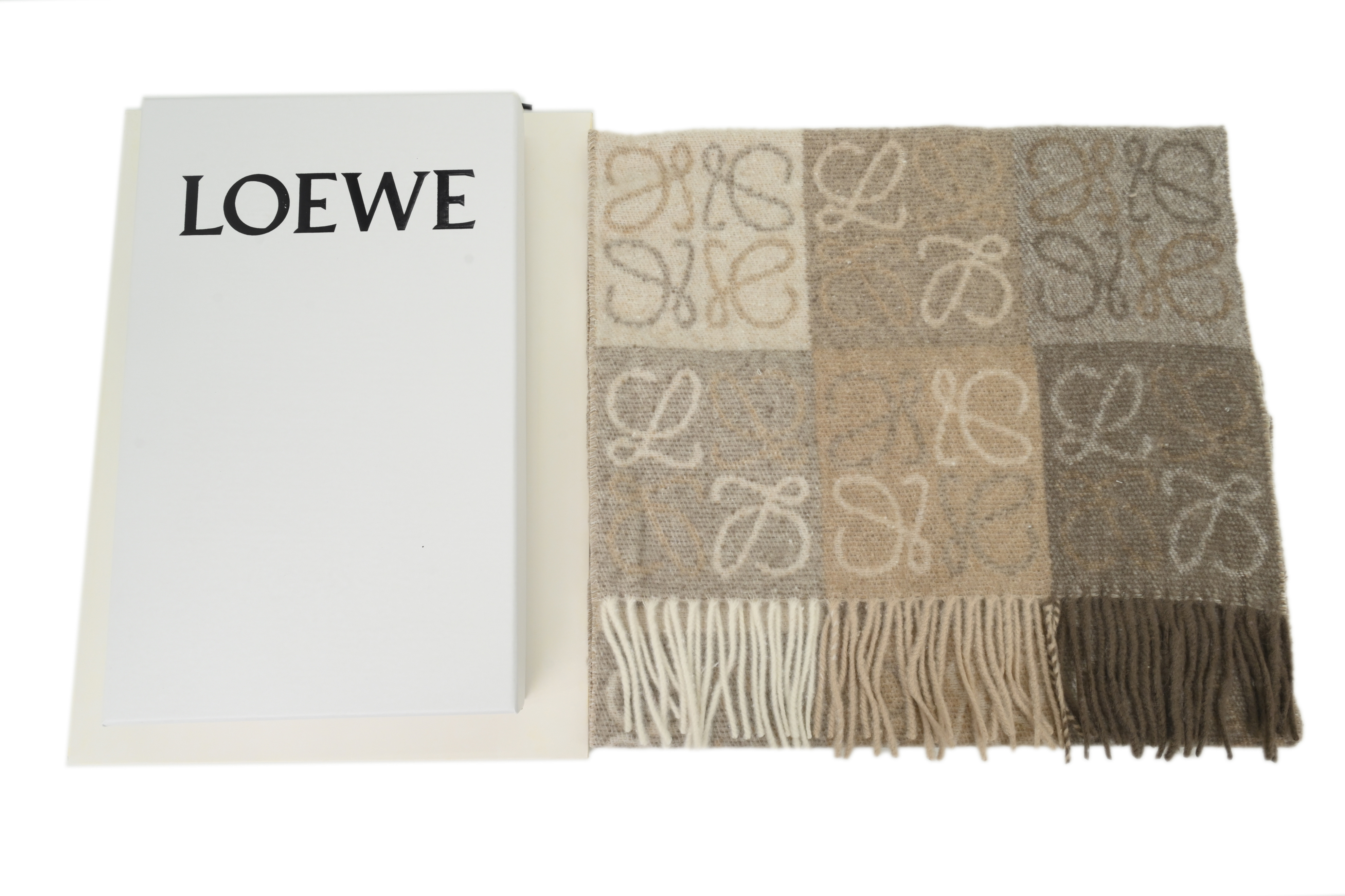 Loewe Checkerboard Jacquard Fringed Cashmere Scarf Brown