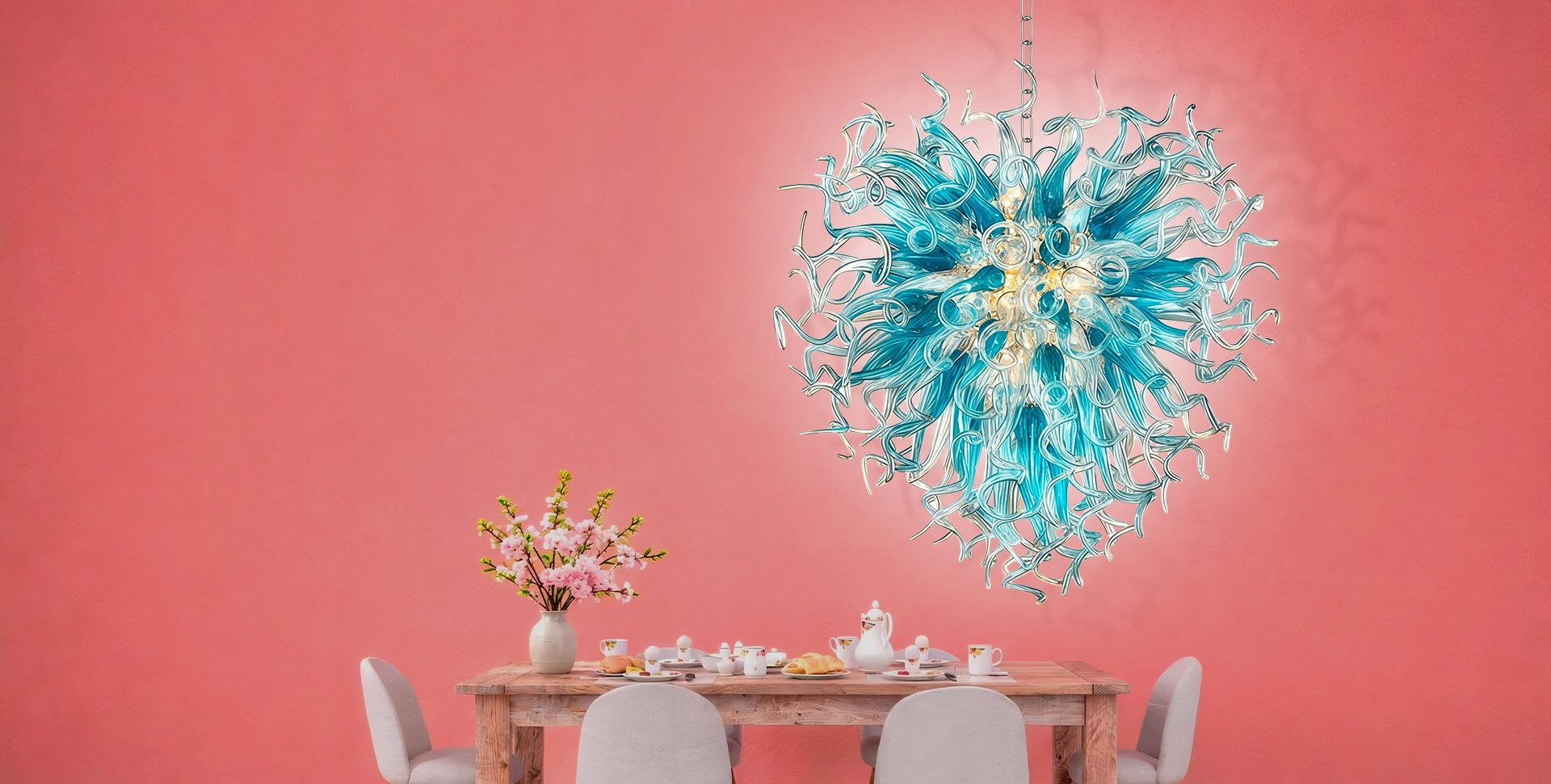 Signature blue Chihuly style glass chandelier dining room sale $299