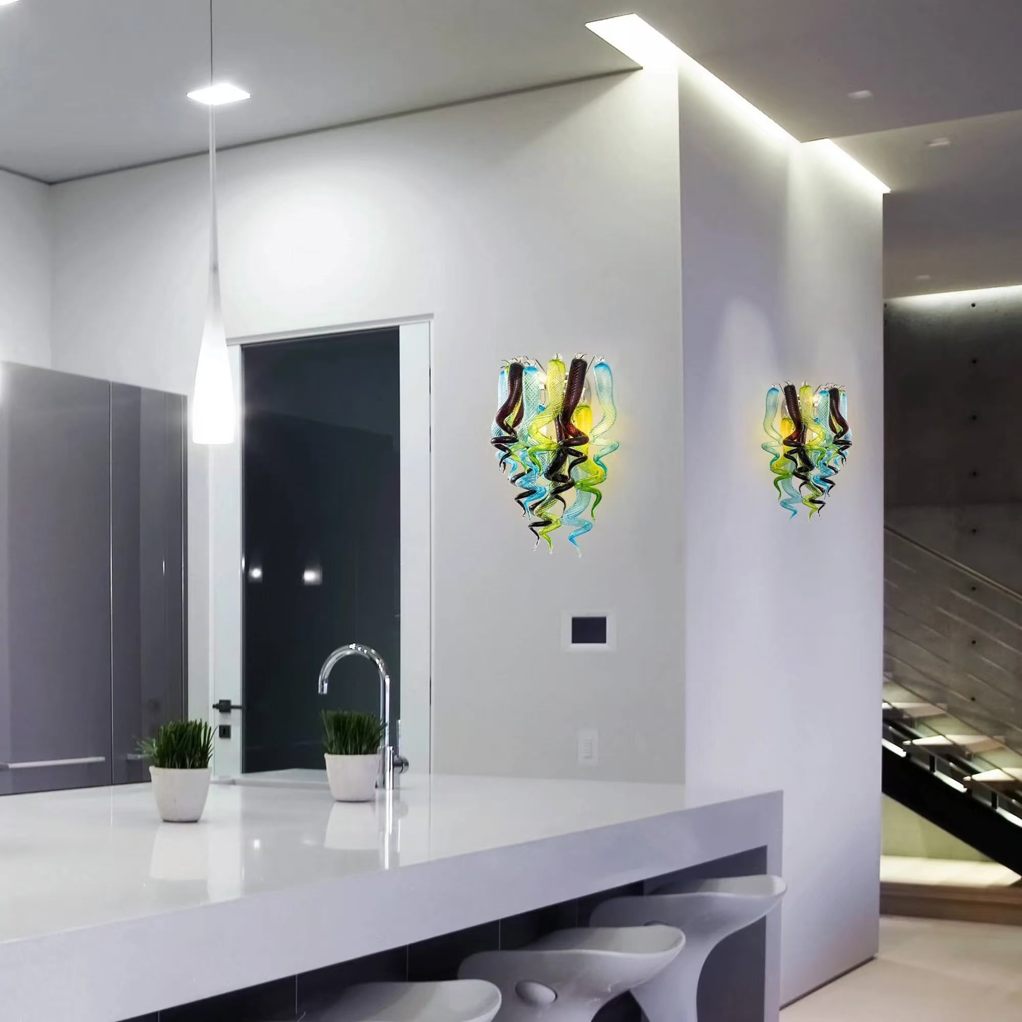 Stained Glass Sconce Chihuly Style Murano Glass （Blue Green Brown）