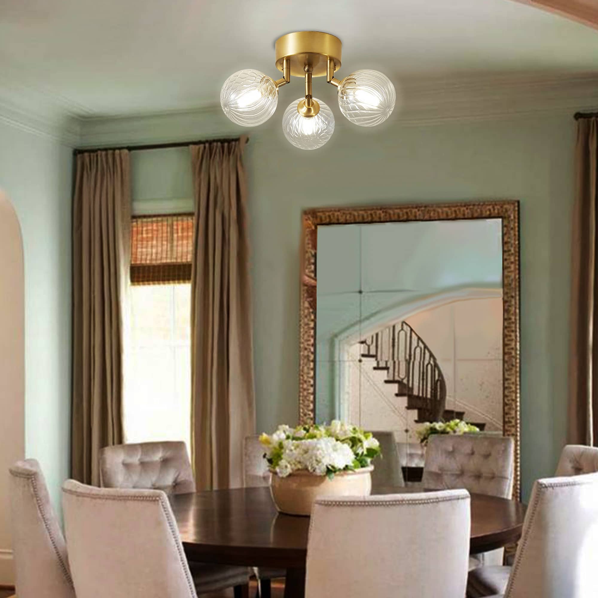 Bubbles Glass Ceiling Light Semi Flush Brass Frame And Clear Ribbed Balls