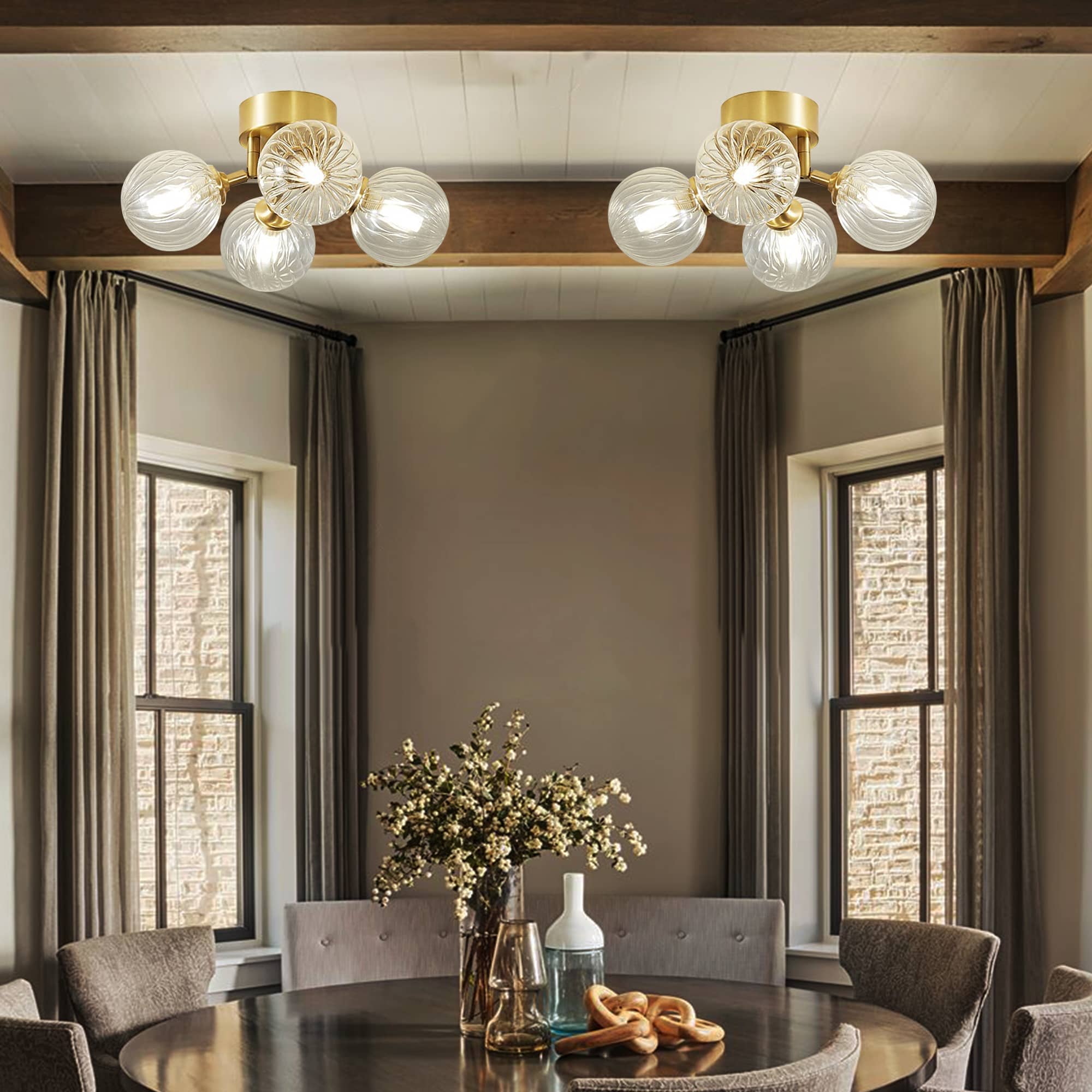 Bubbles Glass Ceiling Light Semi Flush Brass Frame And Clear Ribbed Balls