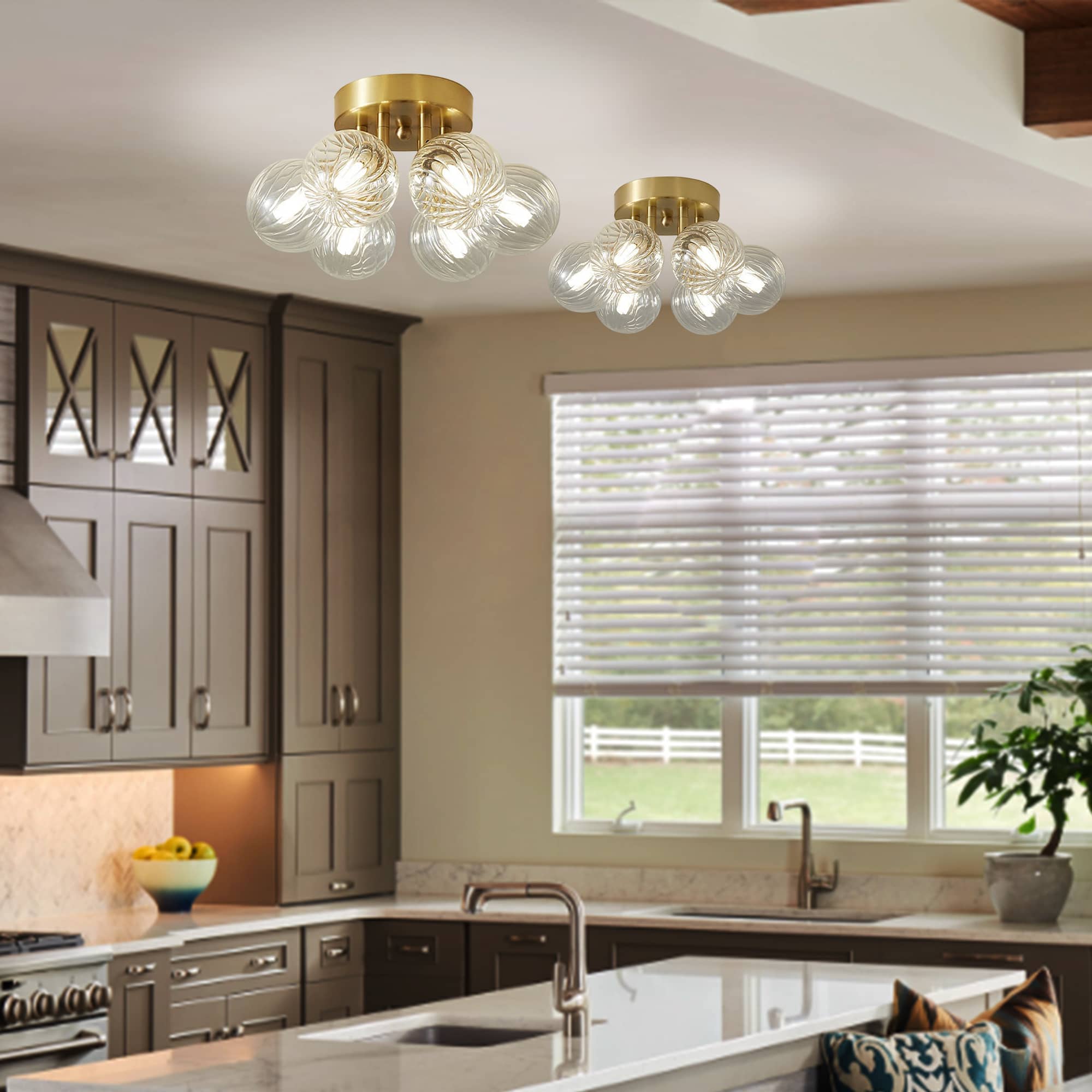 Bubbles Glass Ceiling Light Semi Flush Brass Frame And Clear Ribbed Balls