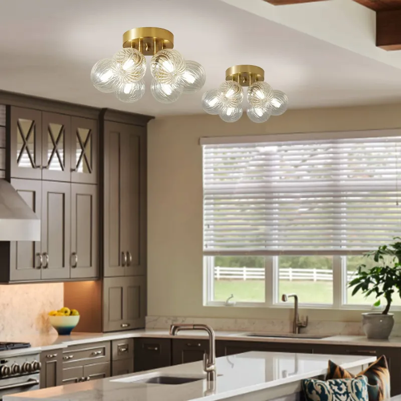 Bubbles Glass Ceiling Light Semi Flush Brass Frame And Clear Ribbed Balls
