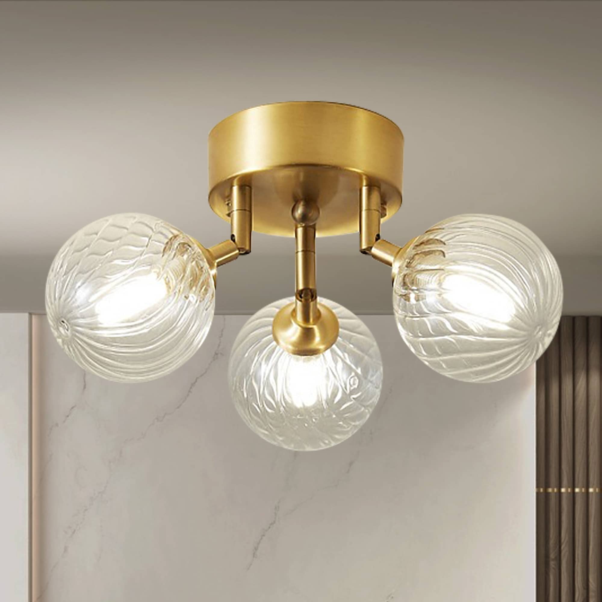 Bubbles Glass Ceiling Light Semi Flush Brass Frame And Clear Ribbed Balls