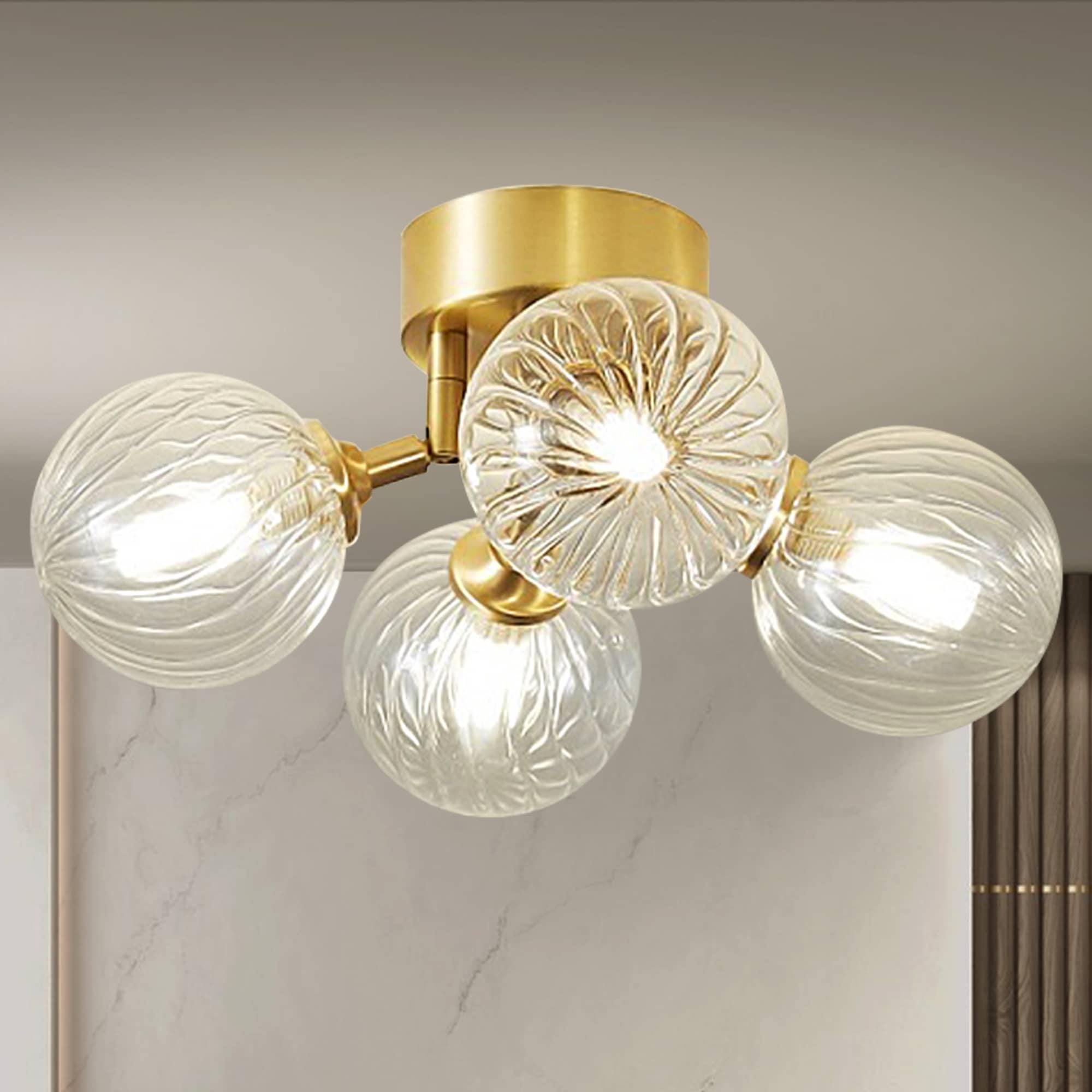Bubbles Glass Ceiling Light Semi Flush Brass Frame And Clear Ribbed Balls