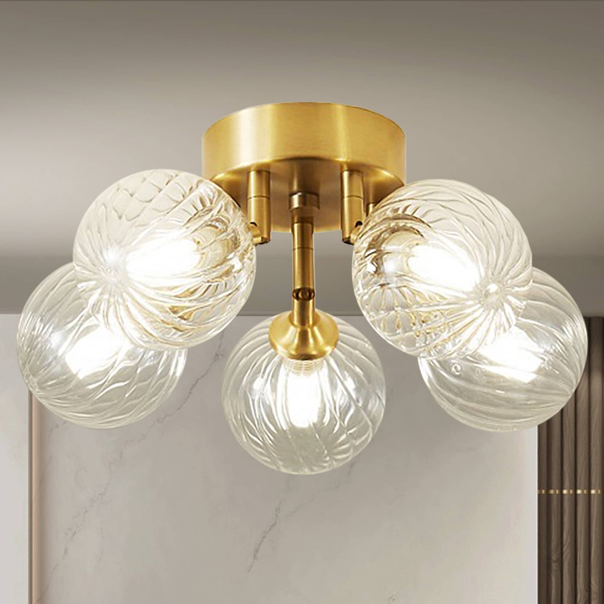 Bubbles Glass Ceiling Light Semi Flush Brass Frame And Clear Ribbed Balls