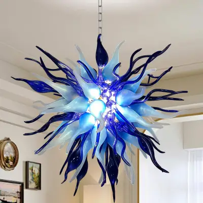 Chihuly Style Chandelier Hand Blown Glass Chandelier (Deep Blue And Frosted White Colors) 01