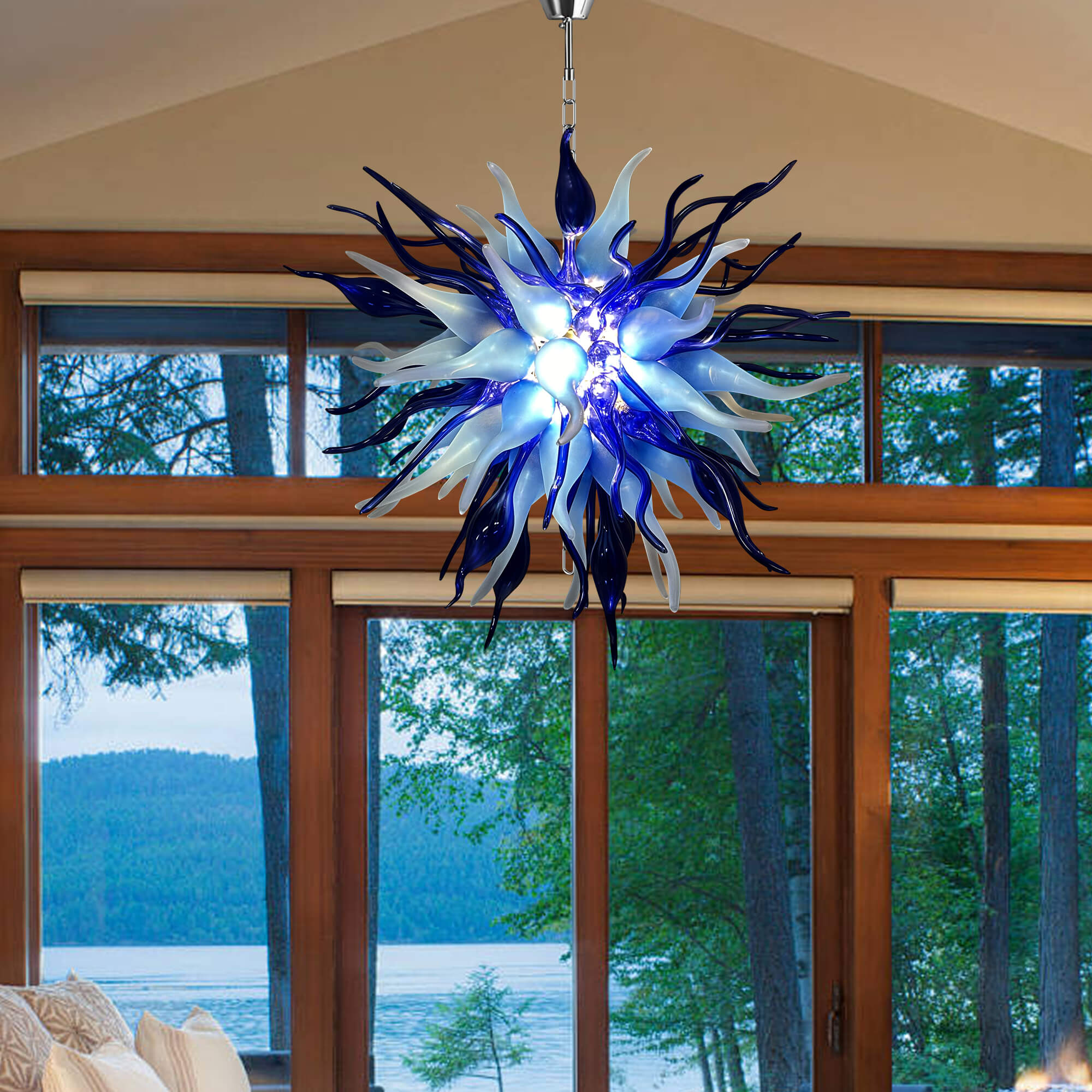 Chihuly Style Chandelier Hand Blown Glass Chandelier (Deep Blue And Frosted White Colors)