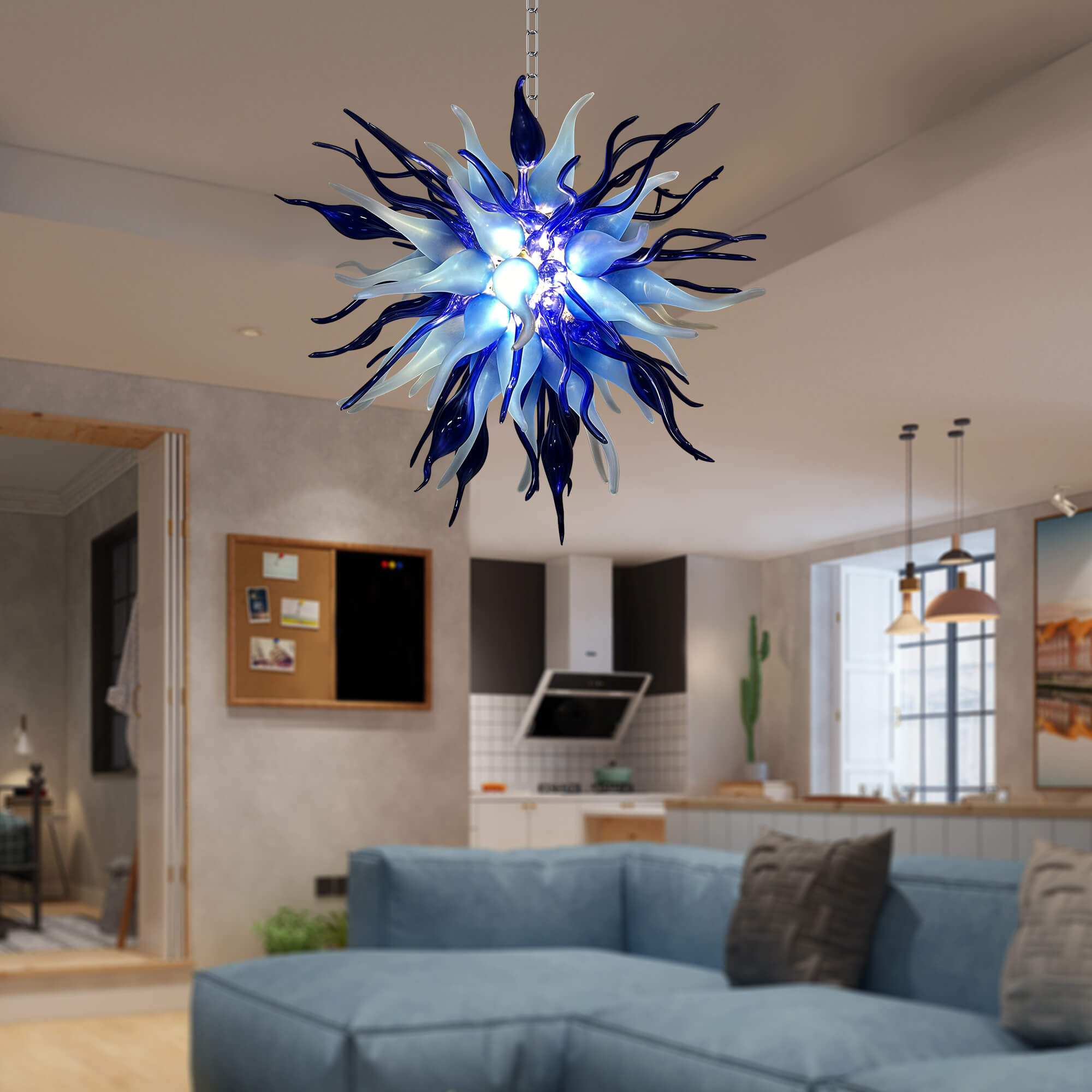 Chihuly Style Chandelier Hand Blown Glass Chandelier (Deep Blue And Frosted White Colors)